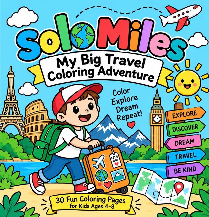 Solo Miles: My Big Travel Coloring Adventure: Travel Coloring Book for Kids Ages 4–8: Fun Around-the-World Adventures with Landmarks, Transportation, Nature, and Vacation Scenes