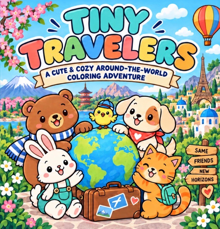 Tiny Travelers: A Cute & Cozy Around-the-World Coloring Adventure for Teens & Adults