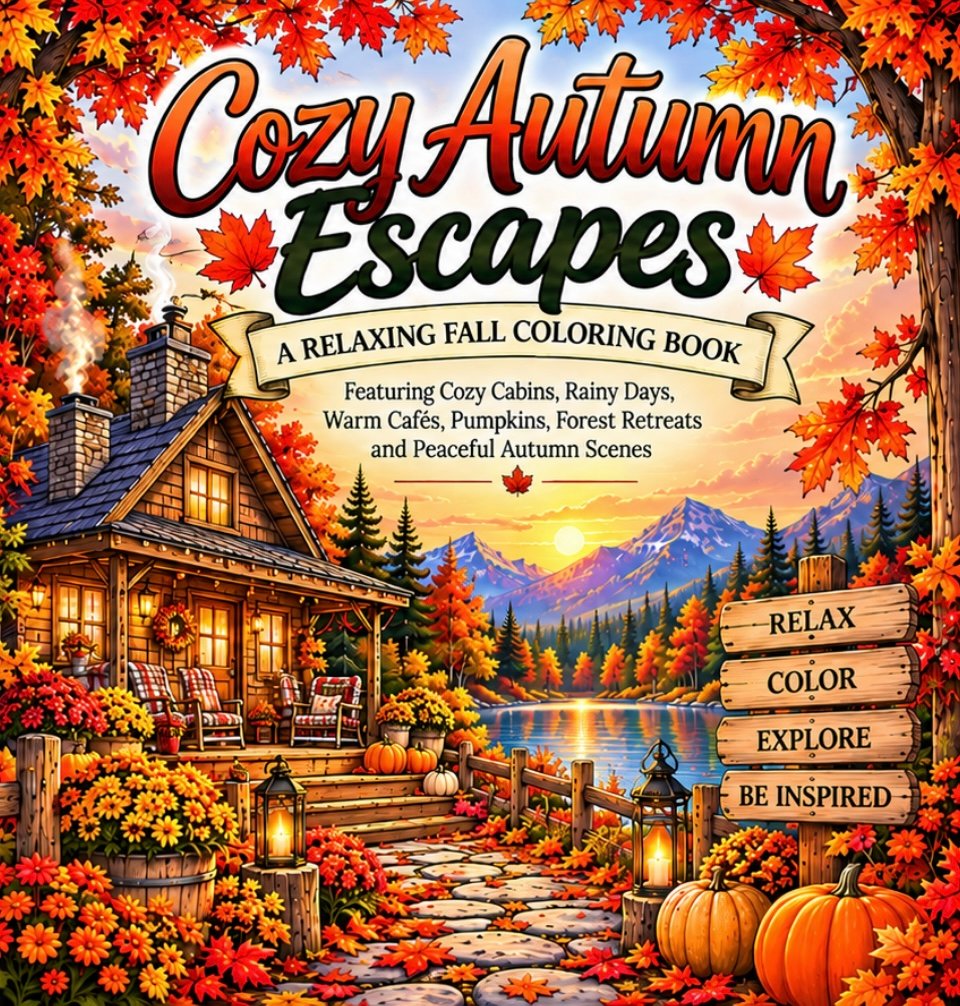 Cozy Autumn Escapes: Relaxing Fall Coloring Book Featuring Cozy Cabins, Rainy Days, Warm Cafés, Pumpkins, Forest Retreats and Peaceful Autumn Scenes
